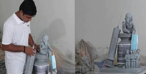 古吉拉特邦艺术家在疫苗瓶上制作环保Ganesh偶像